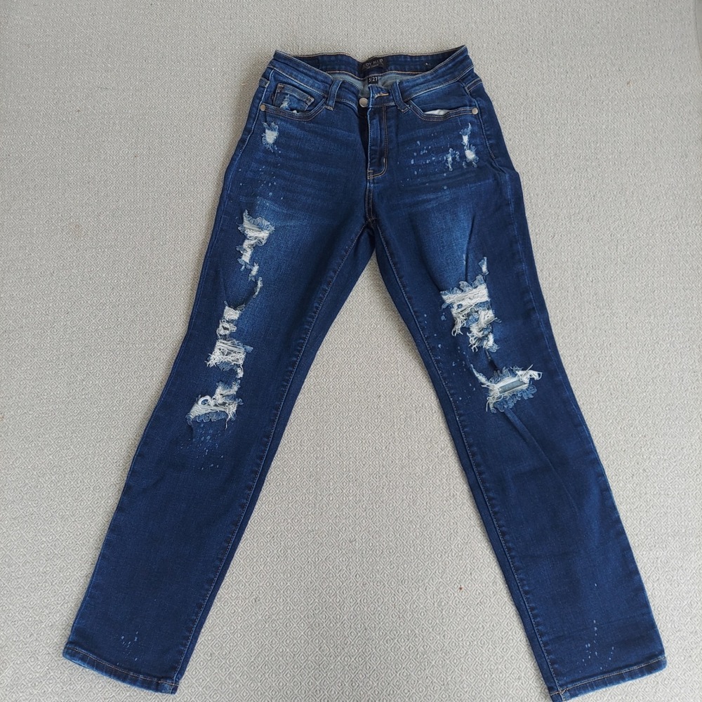 Judy Blue Jeans Women 5/27 Dark Wash Distressed Slim Fit Bleach Splatter Denim